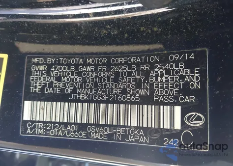 2015 Lexus Es 350 Crafted Line из США, поврежденный, VIN JTHBK1GG3F2160865